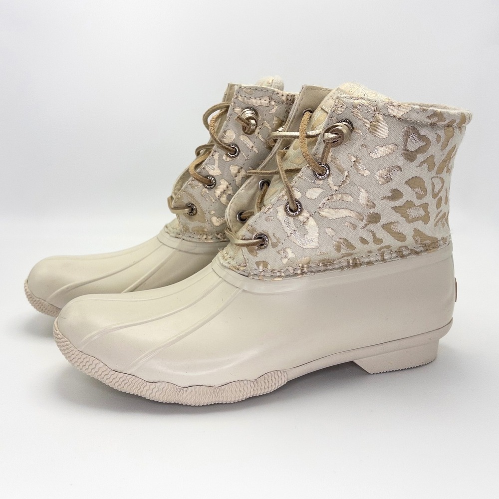 Sperry Saltwater Duck Boots Women's 8.5 Ivory Gold Metallic Leopard STS88315